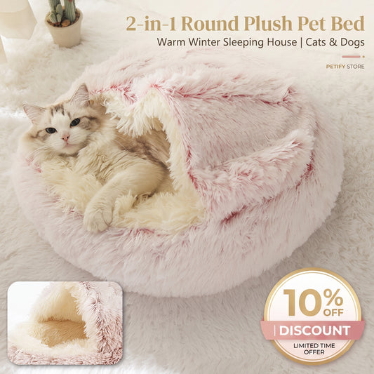 Cat lying in a round plush pet bed with promotional text and discount offer.