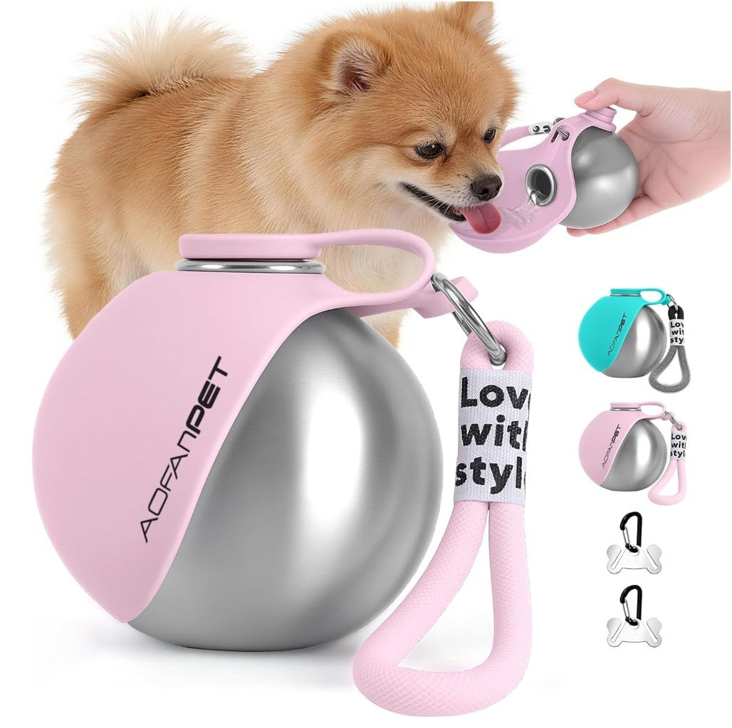 Pink and silver dog muzzle with handle, dog wearing it, and additional muzzles shown.