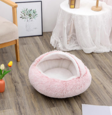 2-in-1 Round Plush Pet Bed  Warm Winter Sleeping House for Cats & Dogs