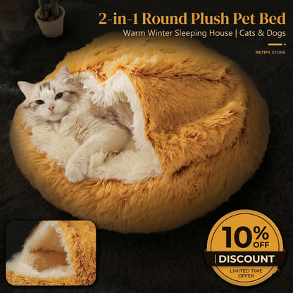 2-in-1 Round Plush Pet Bed  Warm Winter Sleeping House for Cats & Dogs