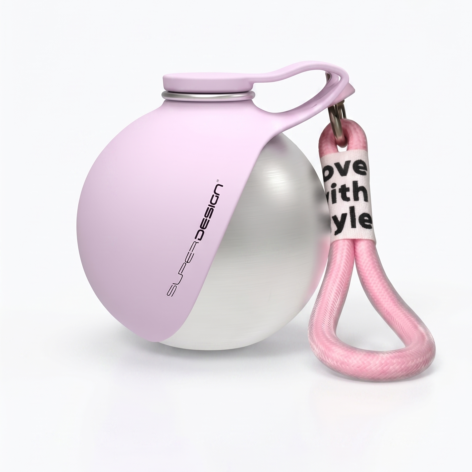 Pink and white pet toy with a keychain on a white background