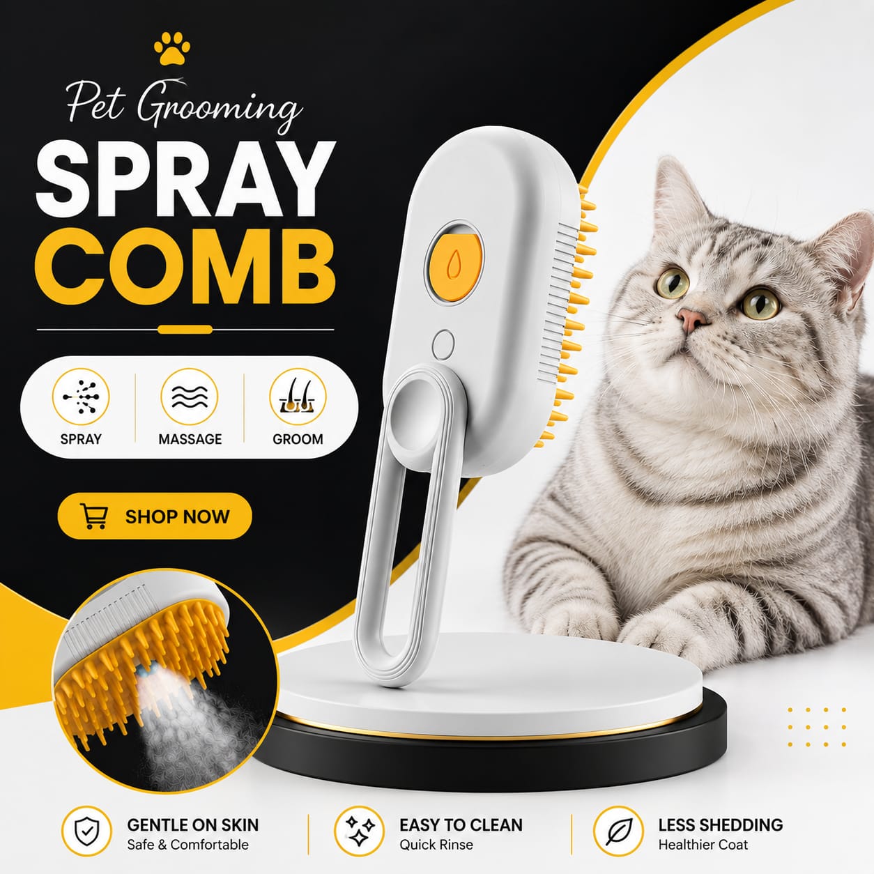 3-in-1 Steam Pet Brush – Removes Loose Hair Instantly